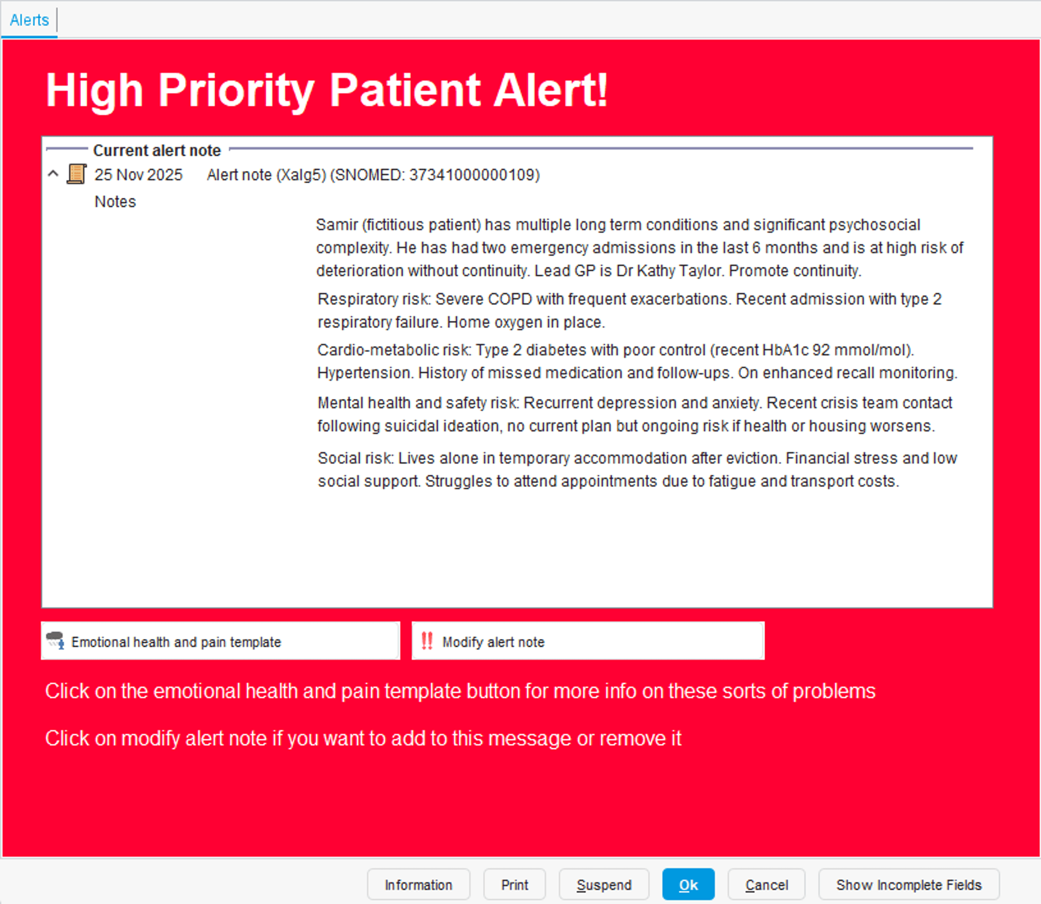 THS continuity alerts highlighting important risks, admissions, prescribing issues, and clinical events within iCGA 3.0 during neighbourhood frailty review