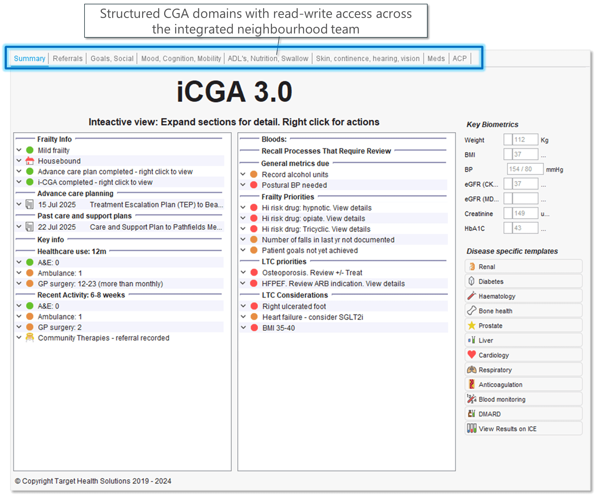 iCGA 3.0 shared electronic multidisciplinary Comprehensive Geriatric Assessment with read-write access across an integrated neighbourhood frailty team.