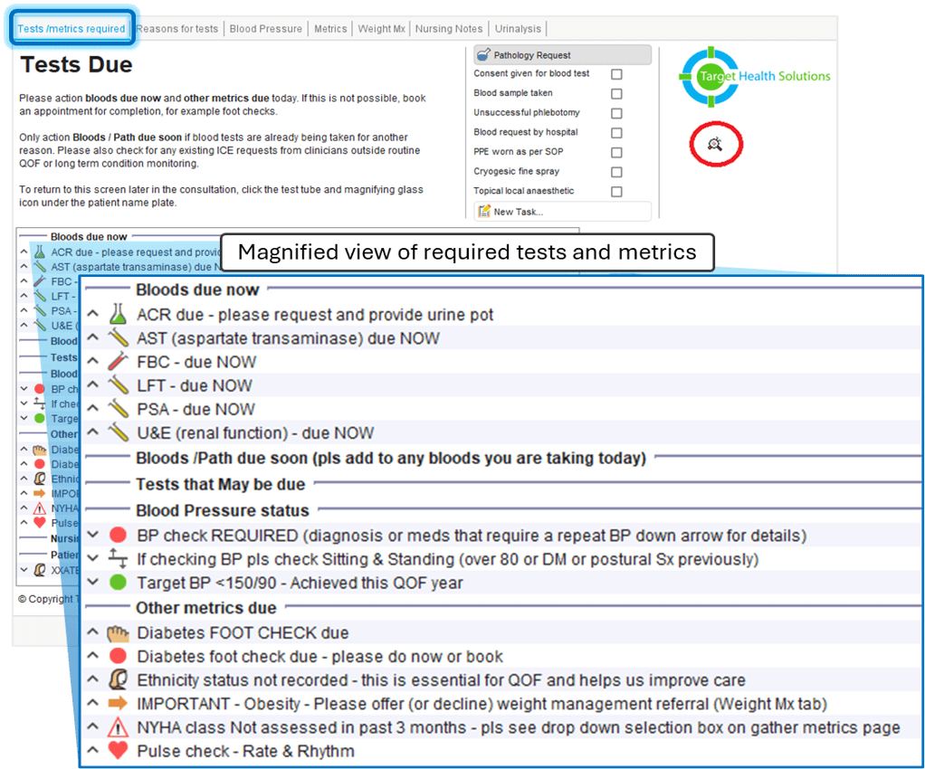 Integrated recall system showing synchronised long term condition reviews, blood monitoring, medication safety checks, and annual care requirements within a single coordinated General Practice review process.