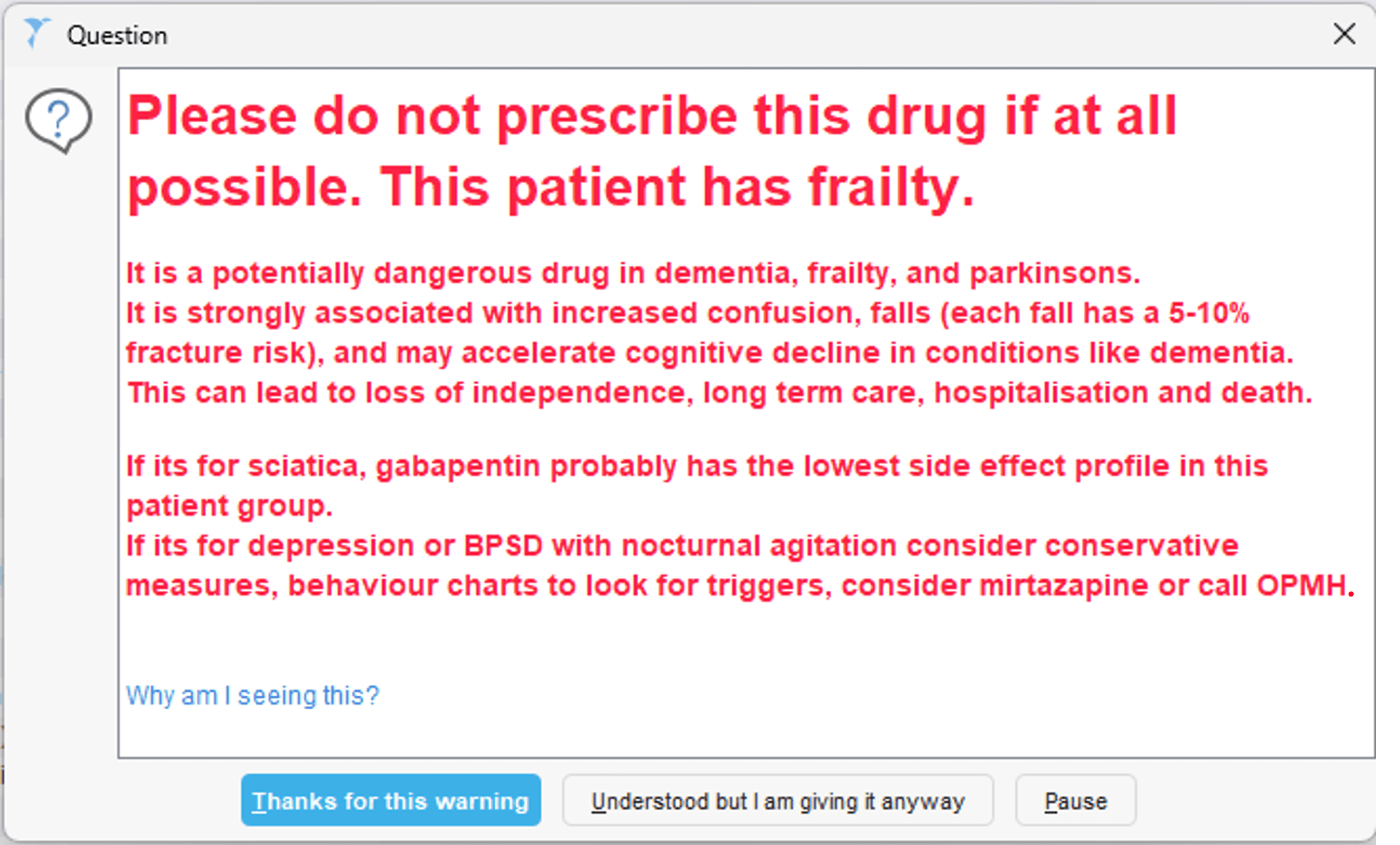 THS high-risk prescribing alert warning against unsafe medication use in a patient living with frailty during prescribing within iCGA 3.0